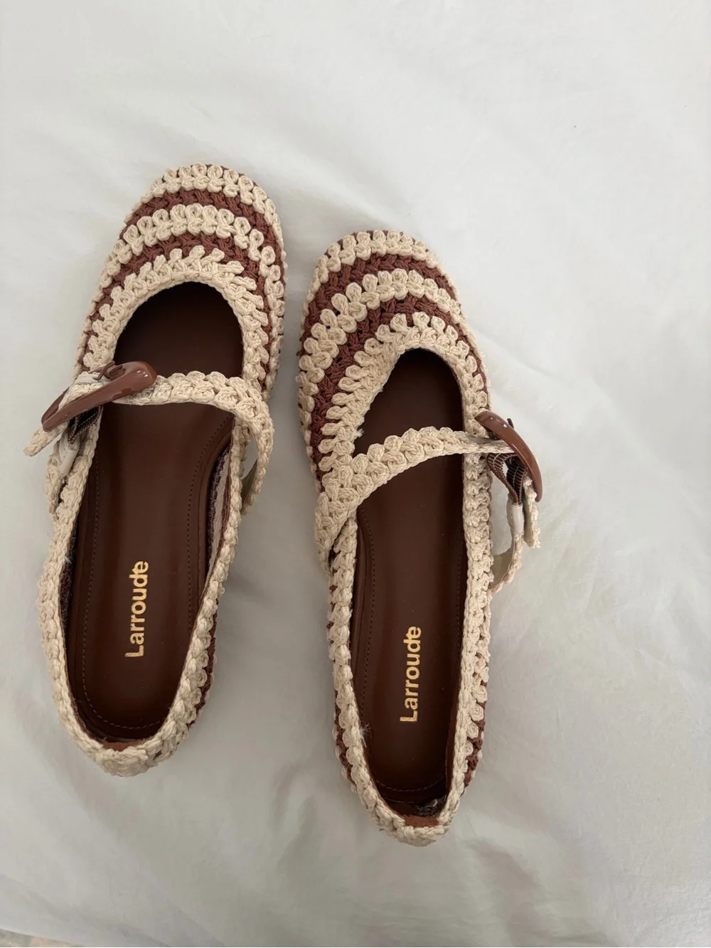 Larroude Striped Crocheted Mary Jane Flats in Cream and Brown
